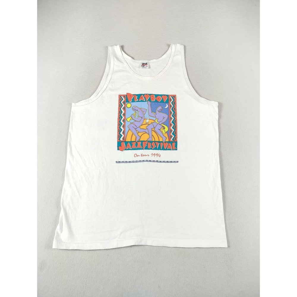Vintage Playboy Jazz Festival Tank‎ Top Mens XL White Anvil Graphic 1994 USA